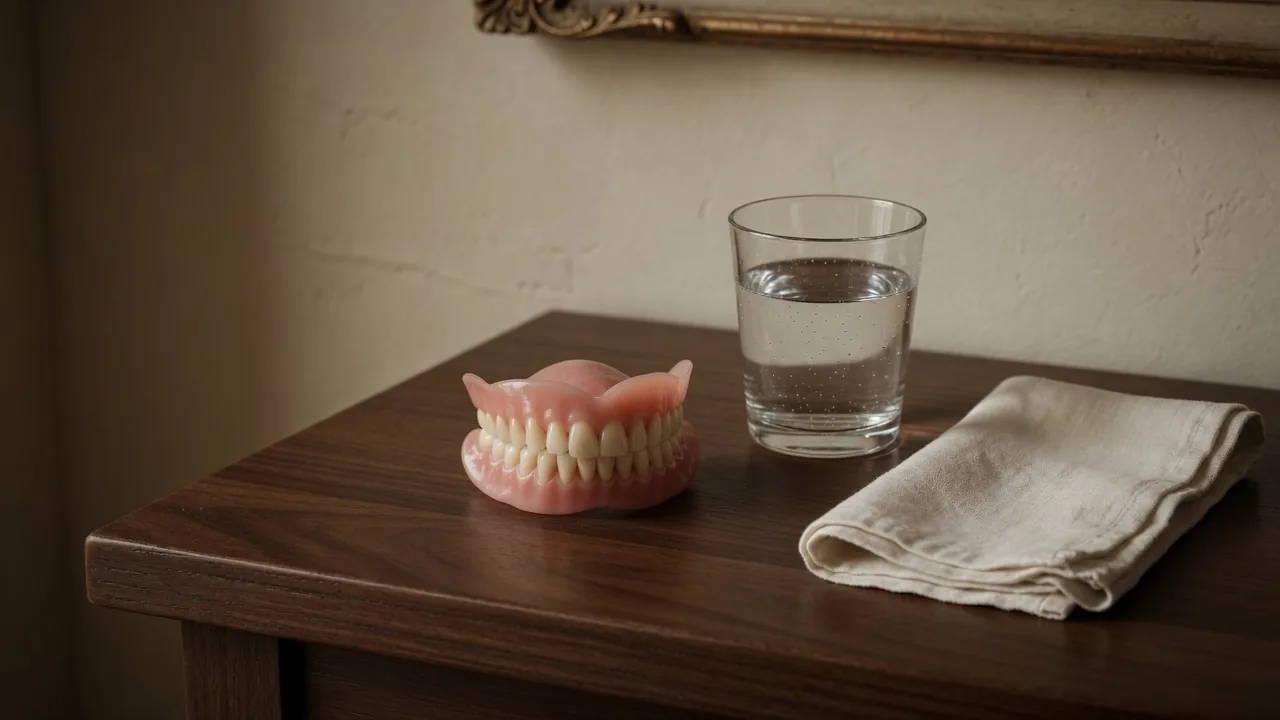 Prothèse amovible complète posée sur une table en noyer, un verre d'eau et une serviette de lin.