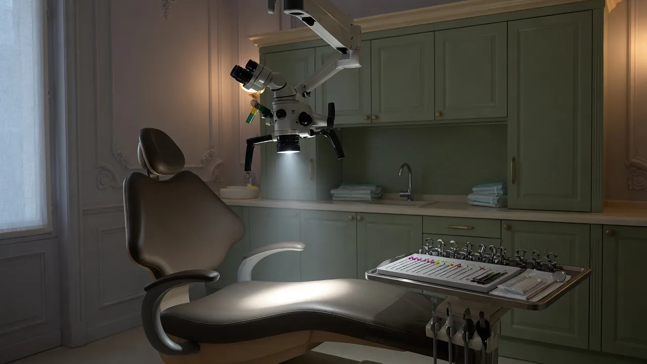 Microscope opératoire au-dessus d'un fauteuil dentaire, plateau d'instruments endodontiques.