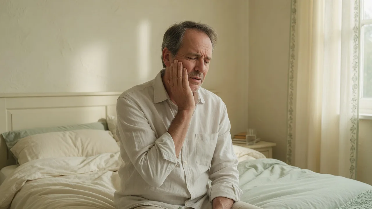 Homme assis au bord du lit, la main sur la joue, visiblement gêné par une douleur dentaire.